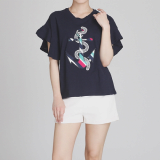 Marine anchor patched women t shirts with frill sleeved